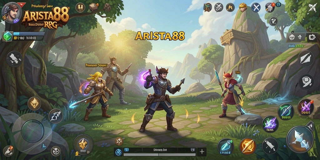 Screenshot dari gameplay ARISTA88 yang menampilkan pertempuran seru di dunia RPG.