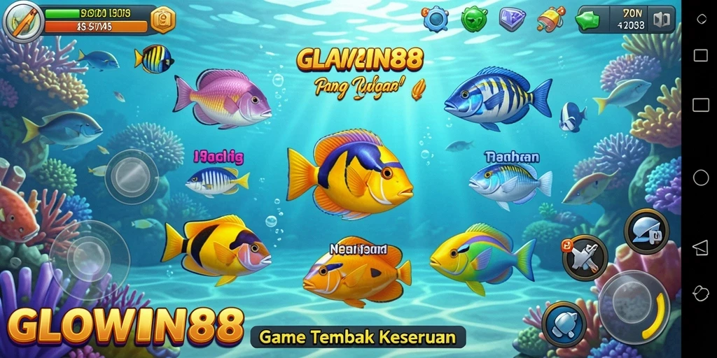 Tampilan gameplay GLOWIN88 saat menembak ikan yang beraneka ragam.