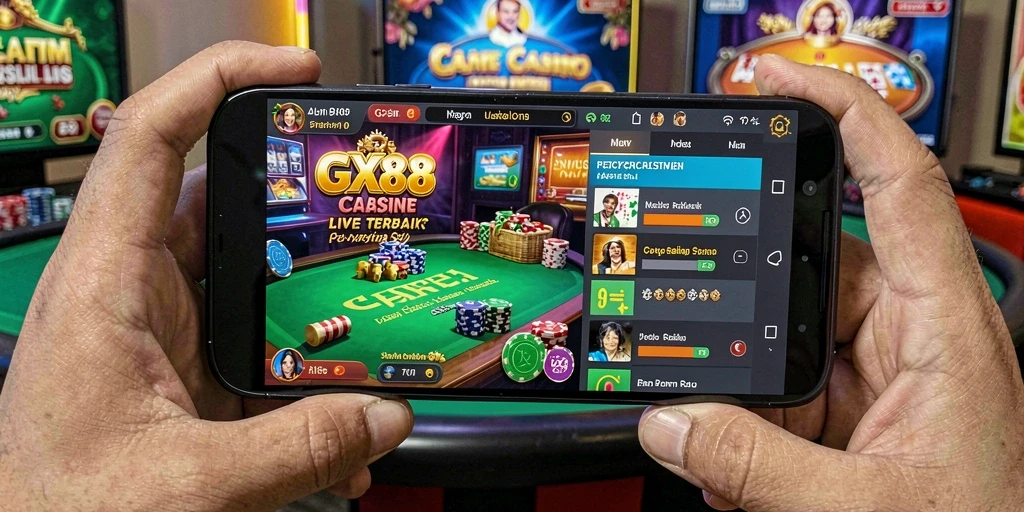 Screenshot gameplay GX88 menampilkan dealer langsung dan suasana kasino yang mendebarkan.