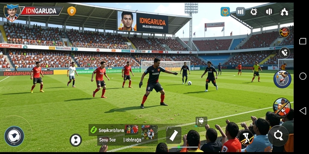 Screenshot gameplay IDNGARUDA menampilkan aksi seru dalam sepak bola.