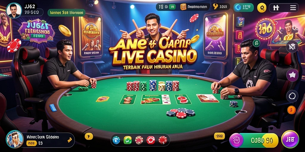Screenshot gameplay JJ62 memperlihatkan dealer dan suasana kasino yang nyata.