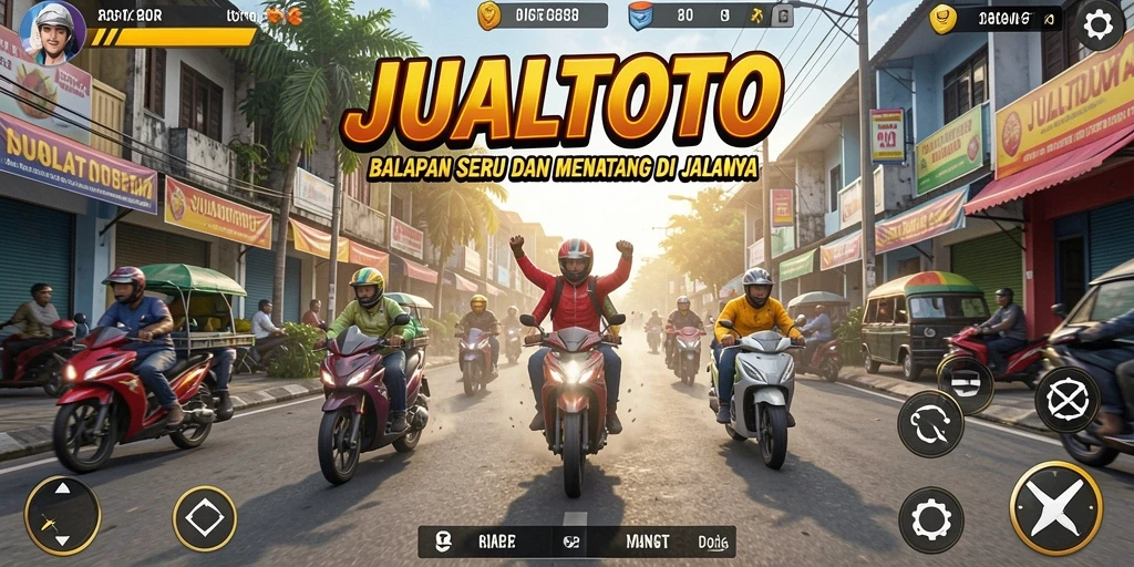 Tampilan gameplay JUALTOTO yang penuh aksi balapan.