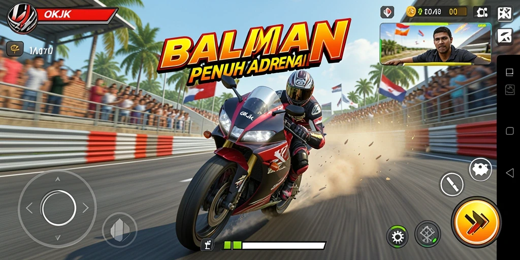 Gameplay OKJK yang penuh aksi saat balapan motor di lintasan menantang.