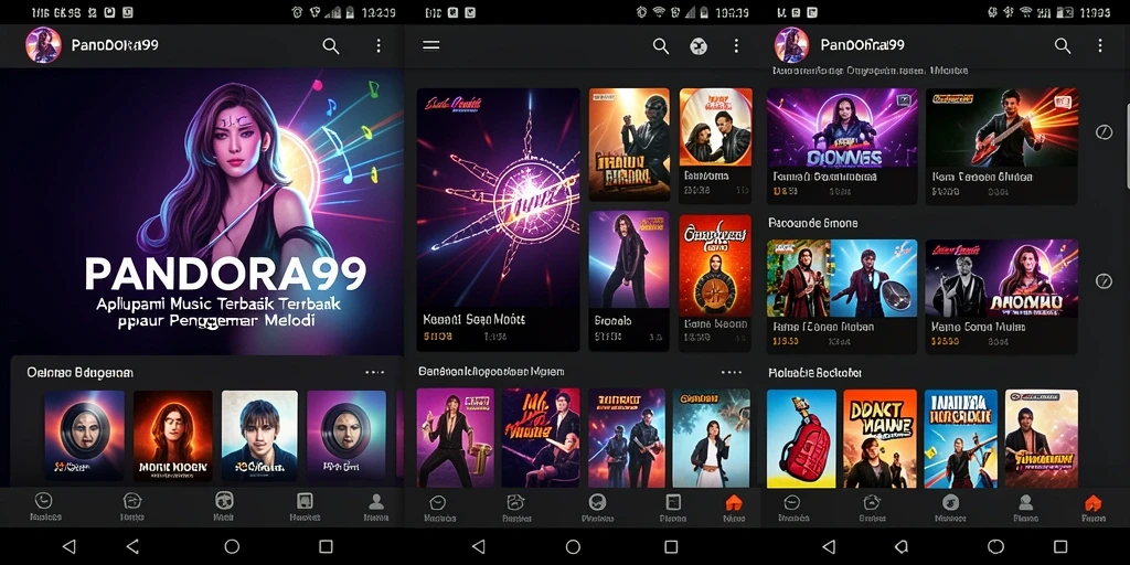 Tampilan screenshot PANDORA99 menampilkan antarmuka yang ramah pengguna dan beragam lagu.