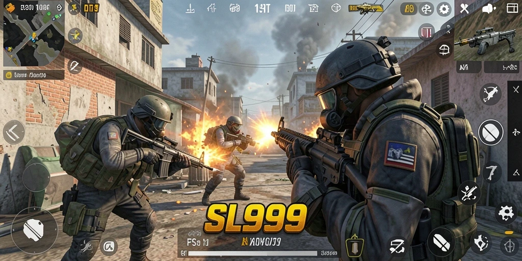 Screenshot gameplay SL999 dengan aksi tembak-menembak yang intens.
