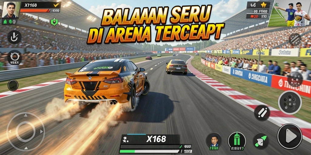 Tampilan gameplay X168 yang mendebarkan dan penuh aksi balapan.
